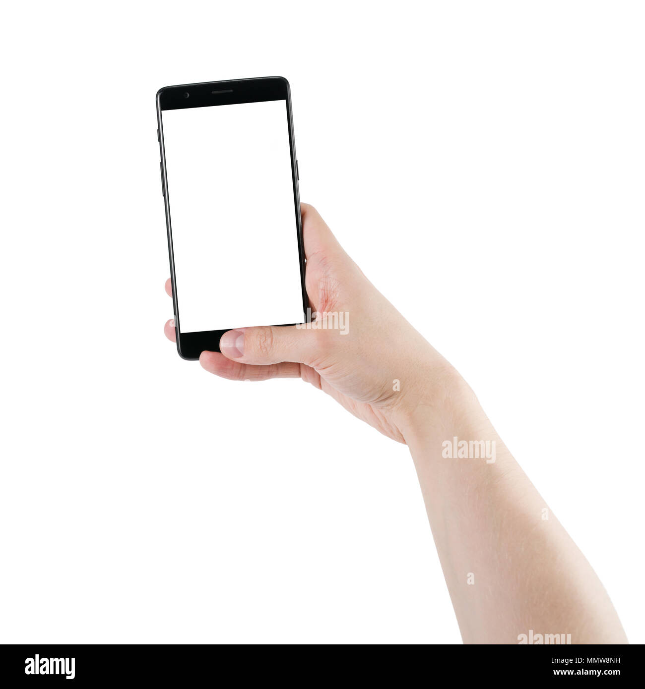 man hand holding smartphone with white screen isolated on white ...
