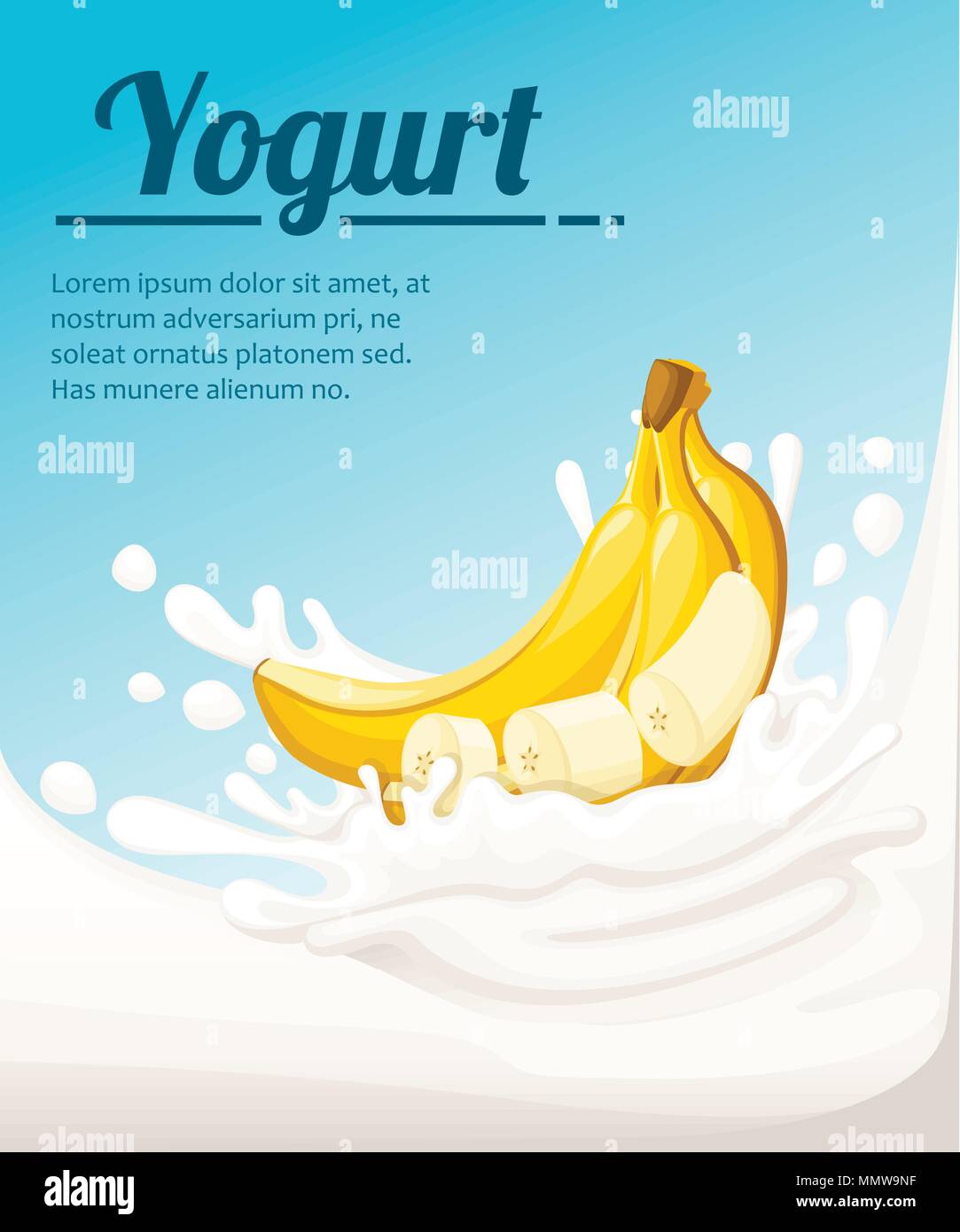 Banana flavored yogurt. Milk splashing and banana fruit. Yogurt ads in