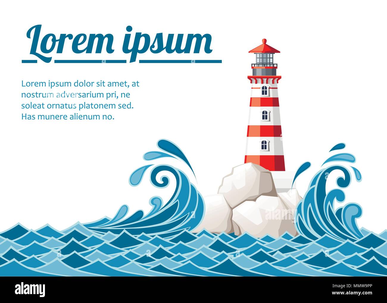 Stormy sea with lighthouse on rock stones island. Nature or marine design. Flat style. Vector illustration on white background with place for your tex Stock Vector