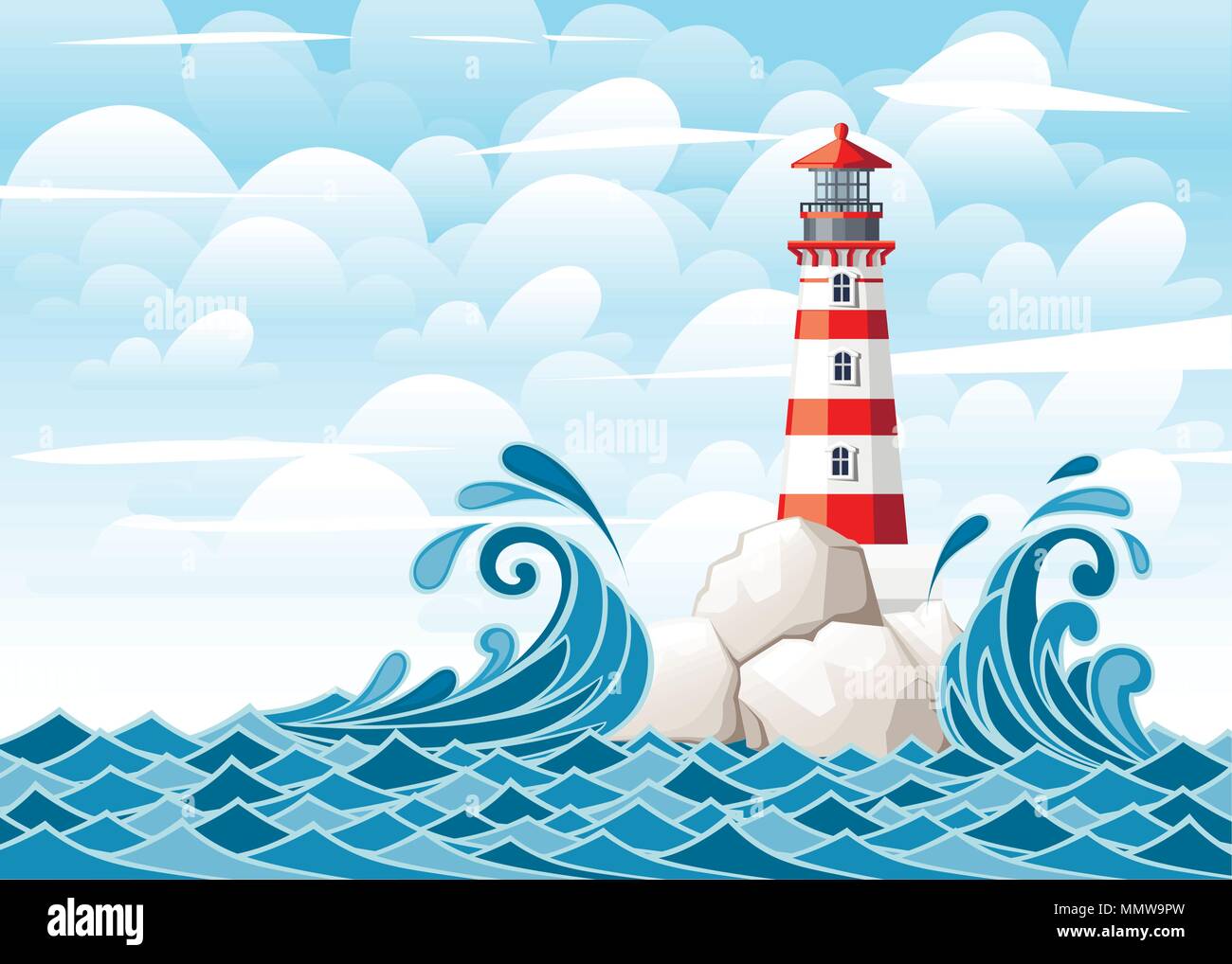 Stormy sea with lighthouse on rock stones island. Nature or marine design. Flat style. Vector illustration with sky and clouds background. Stock Vector