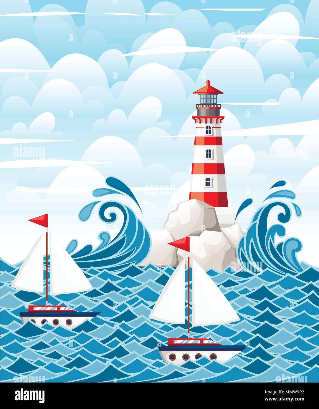Stormy sea with lighthouse on rock stones island. Small ships on water. Nature or marine design. Flat style. Vector illustration with sky and clouds b Stock Vector
