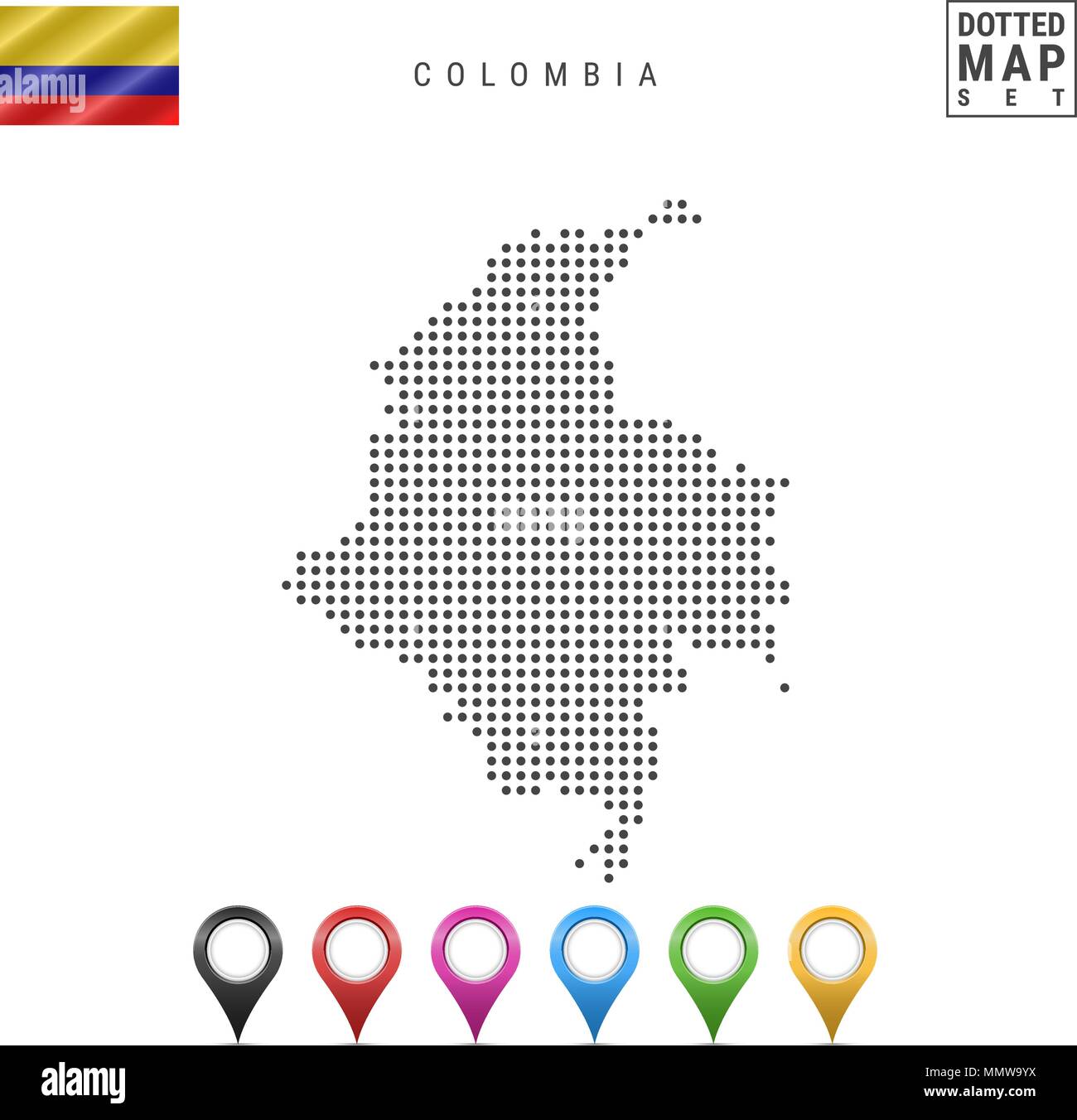 Vector Dotted Map of Colombia. Simple Silhouette of Colombia. National Flag of Colombia. Set of Multicolored Map Markers Stock Vector