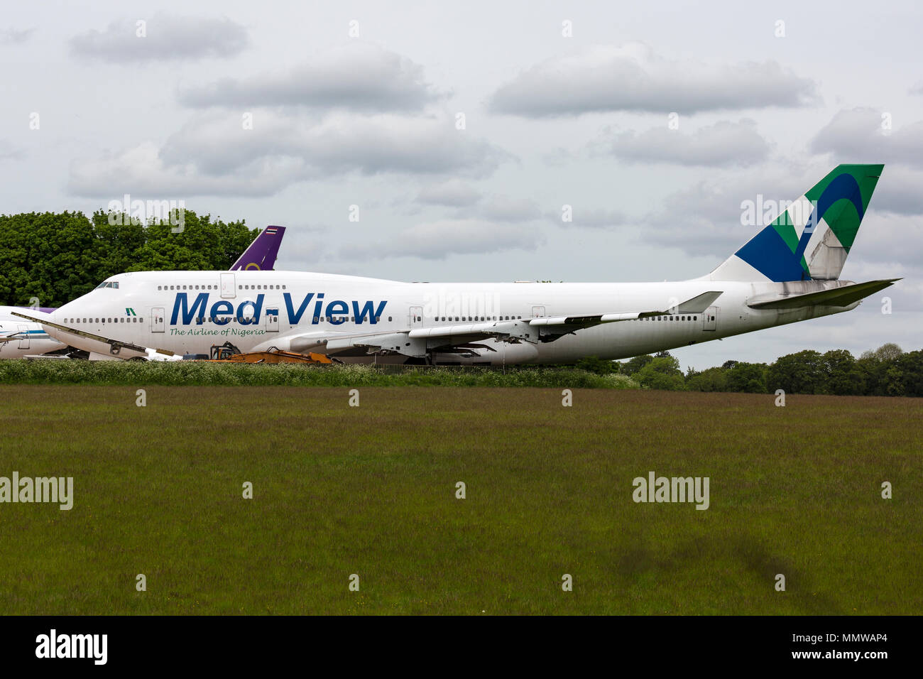 Boeing 747, TF-AMV, of Med View, at Cotswold Kemble Airfield in England, due for scrapping. Stock Photo