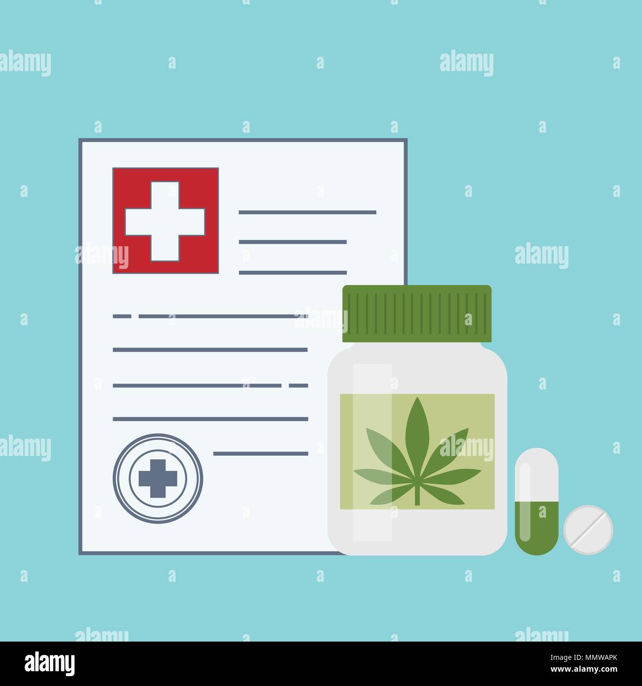 Bottle with medical marijuana and Medical cannabis pills - marijuana tablets. Medical marijuana in Healthcare a prescription for medical marijuana. Ce Stock Vector