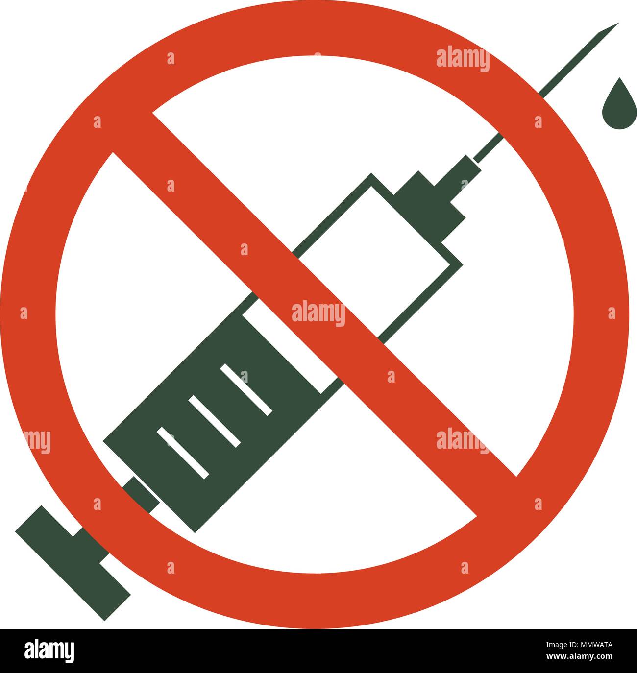 No drugs allowed. Syringe with forbidden sign. Syringe icon in prohibition red circle. Vector