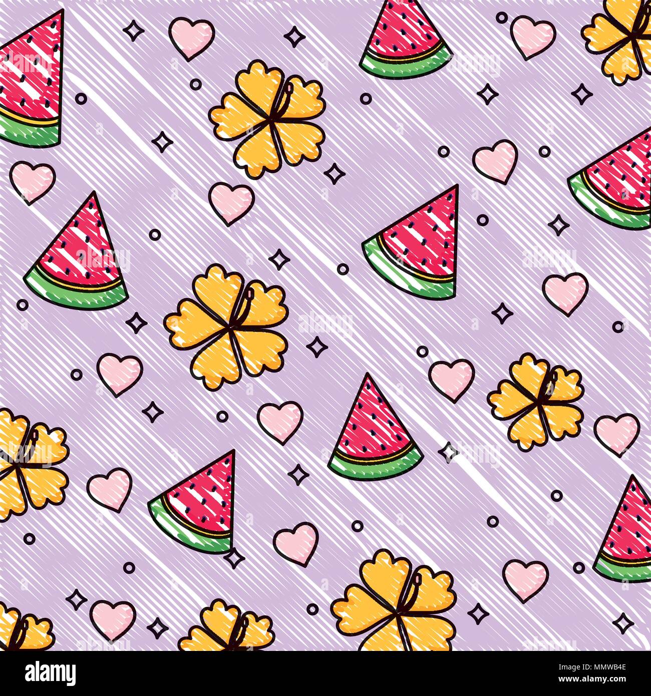 background of tropical flowers and watermelon pattern, vector ...
