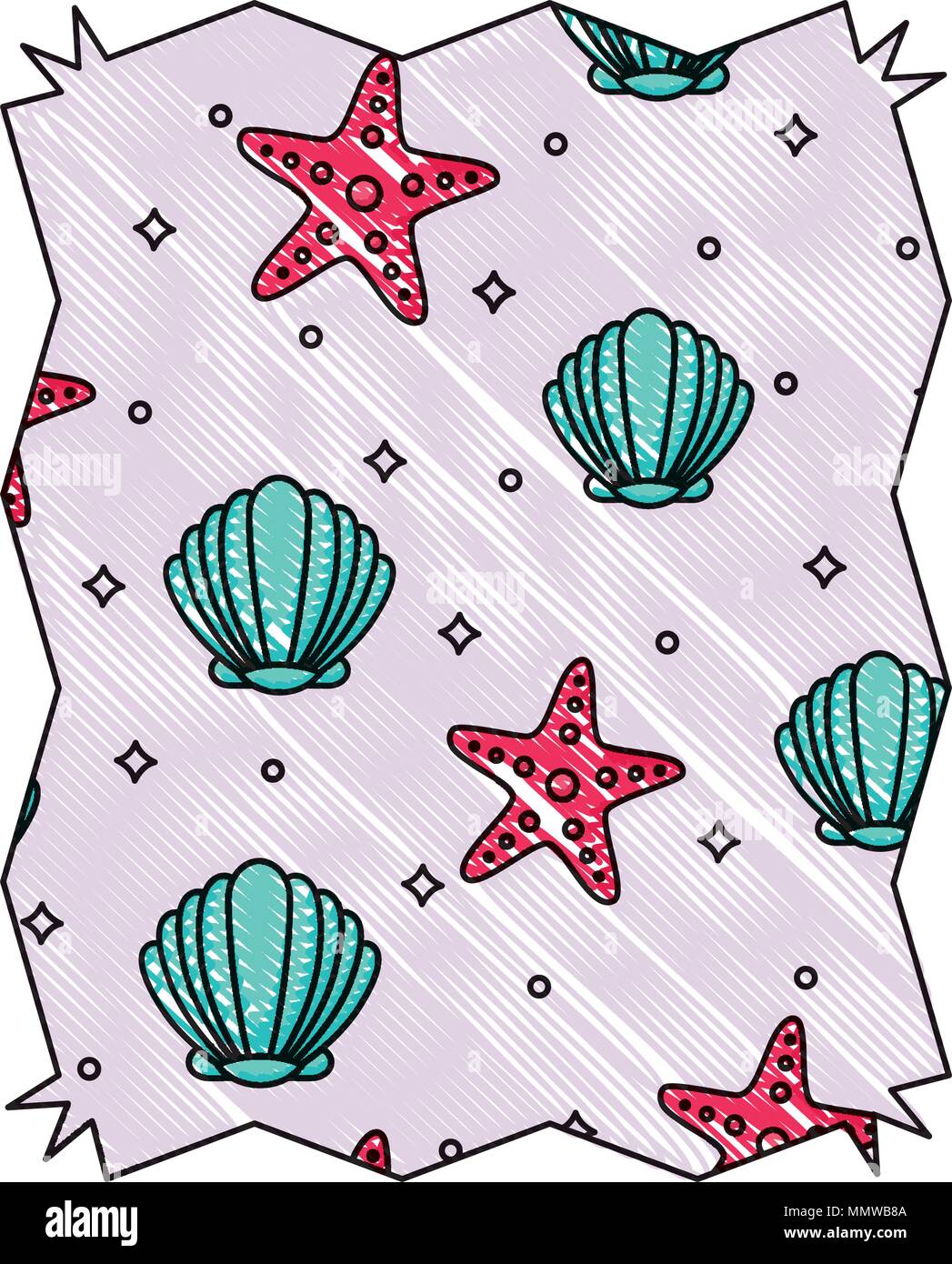 abstract frame with seashell and sea stars pattern over white background, vector illustration Stock Vector