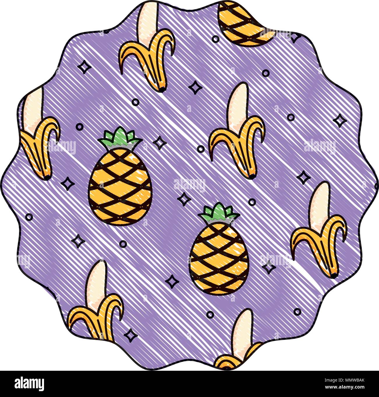 circular frame with pineapples and bananas pattern over white background, vector illustration Stock Vector