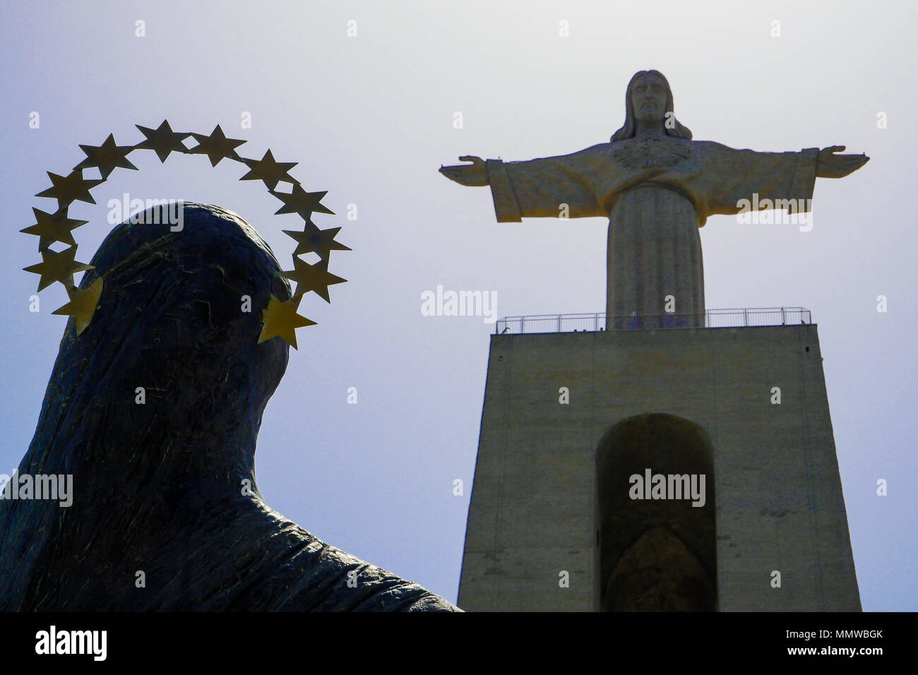Holy Virgin looking to Cristo Rei giant statue, Lisbon, Portugal Stock
