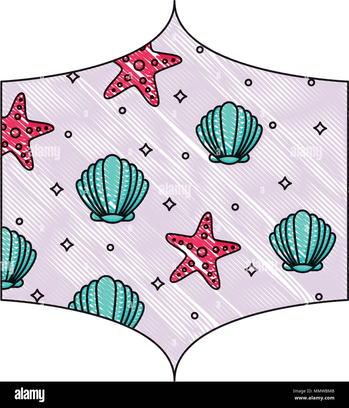 decorative frame with seashell and sea stars pattern over white ...