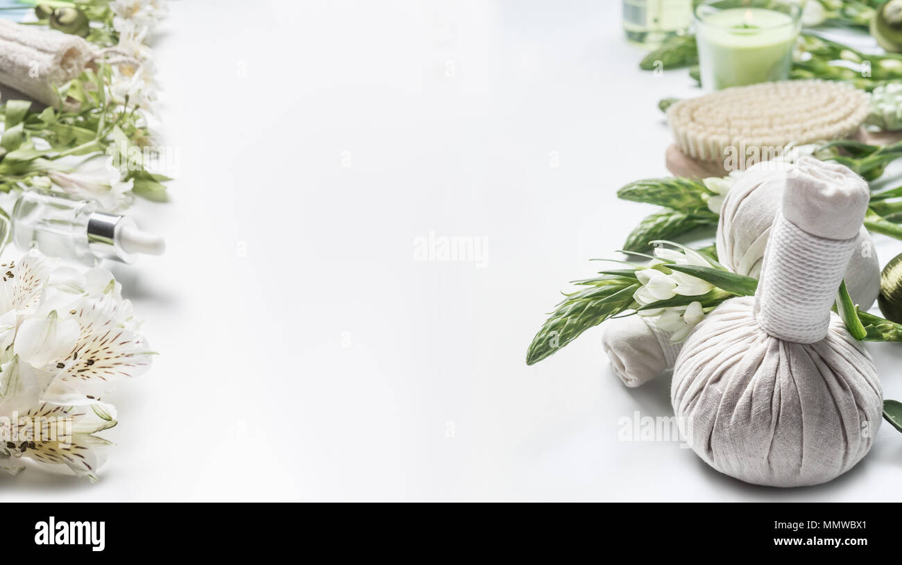 picture Body Massage Photo Frame https www alamy com spa and beauty treatment background with massage herbal balls flowers tools and accessories on white frame body care and treat cellulite concept image184954953 html