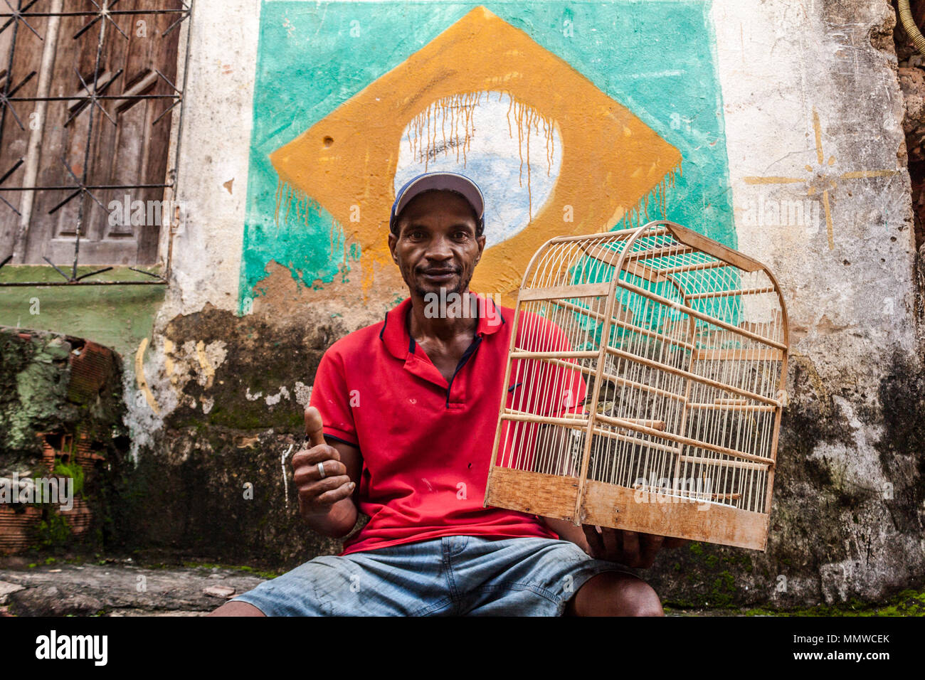 Homem sentado segura passarinho com a bandeira do Brasil atrás Stock Photo