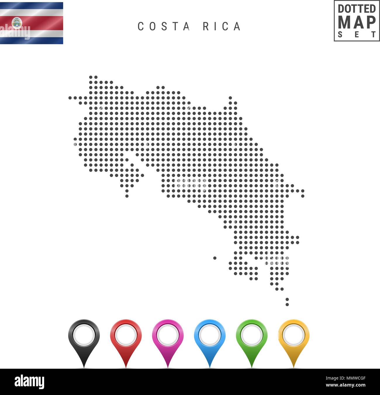 Vector Dotted Map of Costa Rica. Simple Silhouette of Costa Rica. Flag of Costa Rica. Set of
