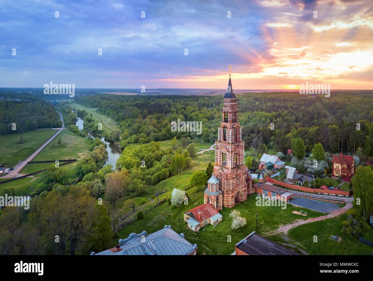Bell Tower (built in 1895-1899) located on Ivanova Gora in Glubokovo village on Nara river side, Moscow oblat, Russia (aerial view) Stock Photo