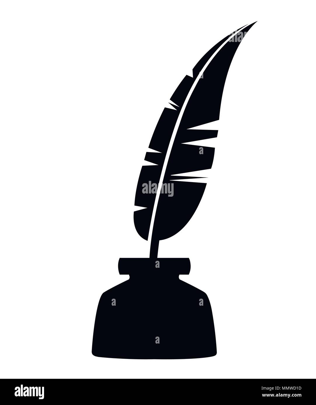 Black silhouette. Quill and Inkwell color icon. Black writing feather. Pen symbol illustration. Vector illustration isolated on white background. Stock Vector