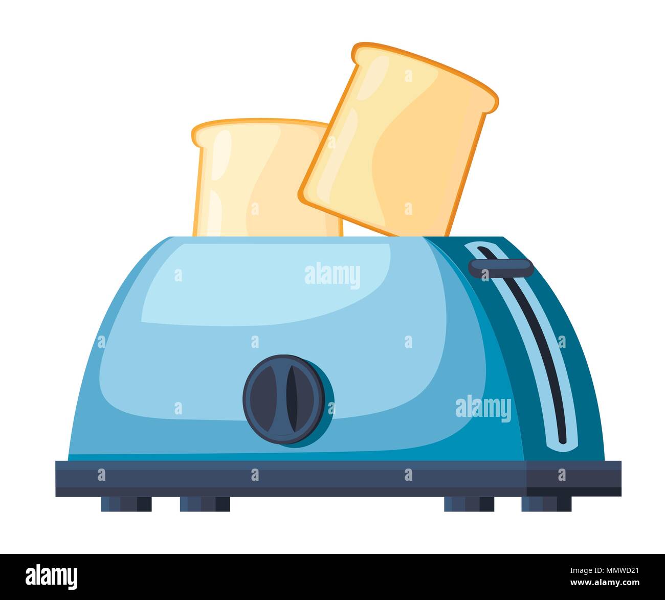 Blue toaster. Steel toaster with two slices of bread. Cartoon style design. Vector illustration isolated on white background. Stock Vector