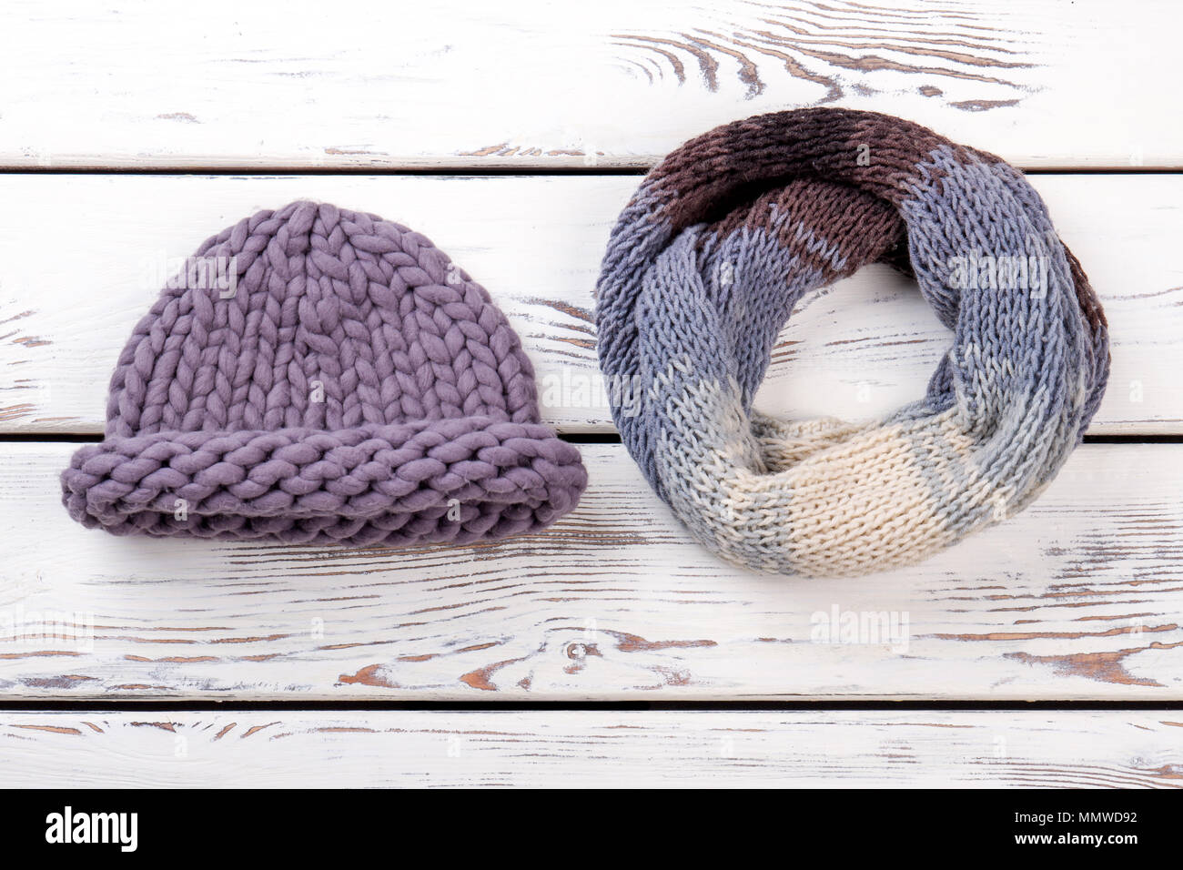 Female knitted hat and snood. Stock Photo