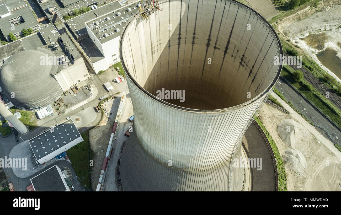 Drone aerial view of the  Decommissioned nuclear power plant Muelheim-Kaerlich Germany Stock Photo
