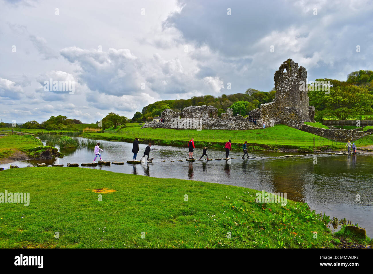 An extended family group (plus dog!) have fun crossing the stepping