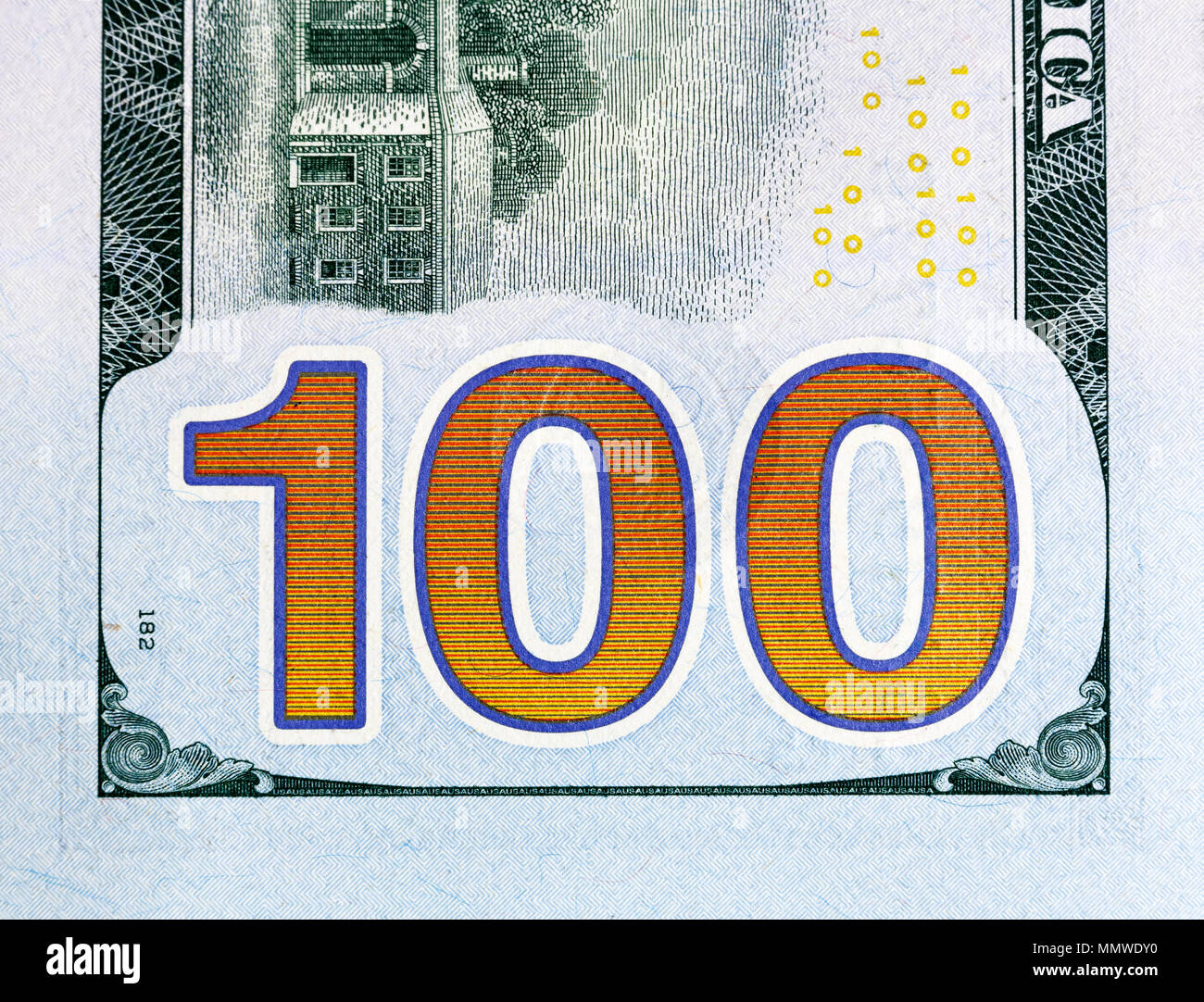Number 100. Hundred dollars bill fragment closw-up, new edition. Stock Photo
