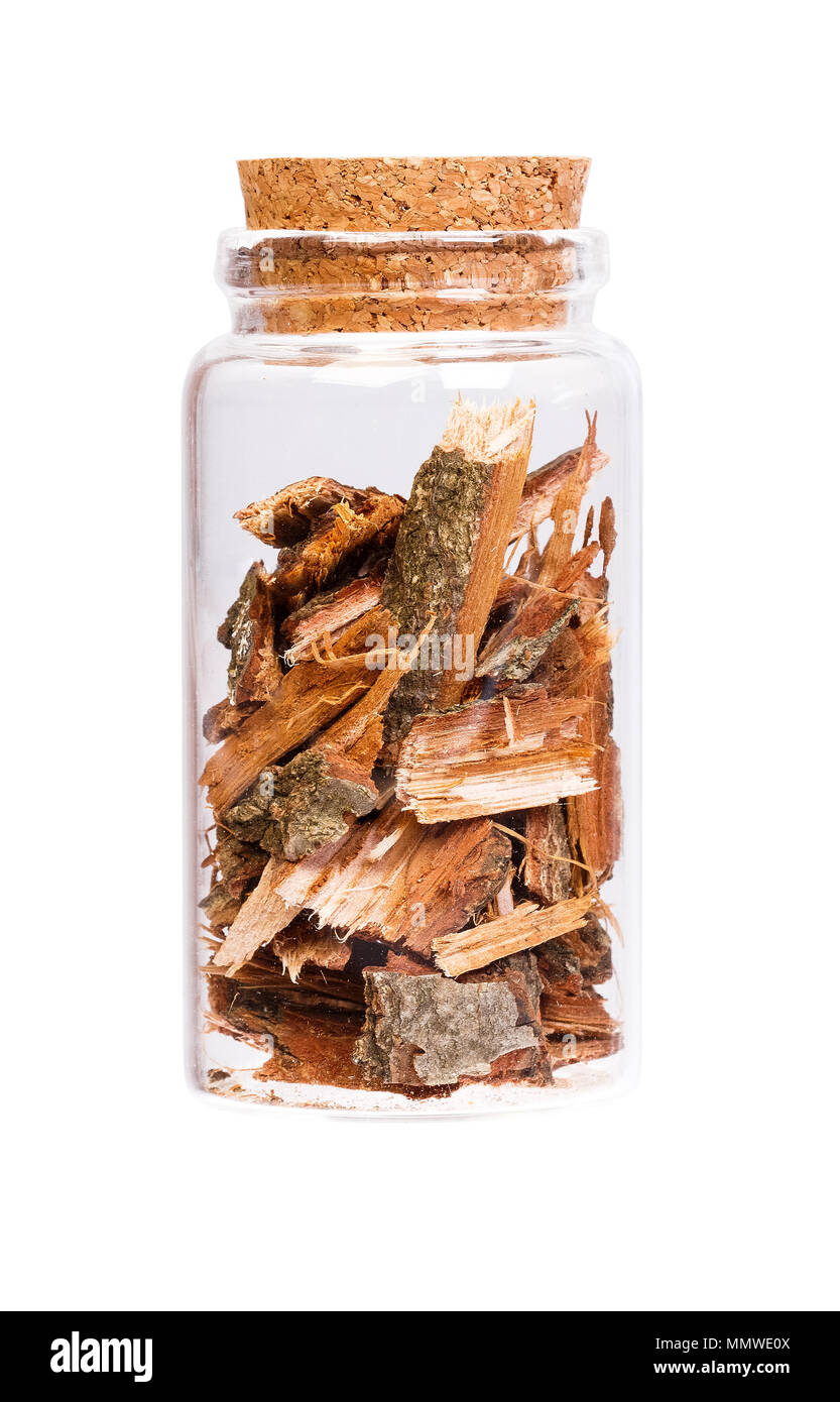 Oak bark in a bottle with cork stopper for medical use. Stock Photo