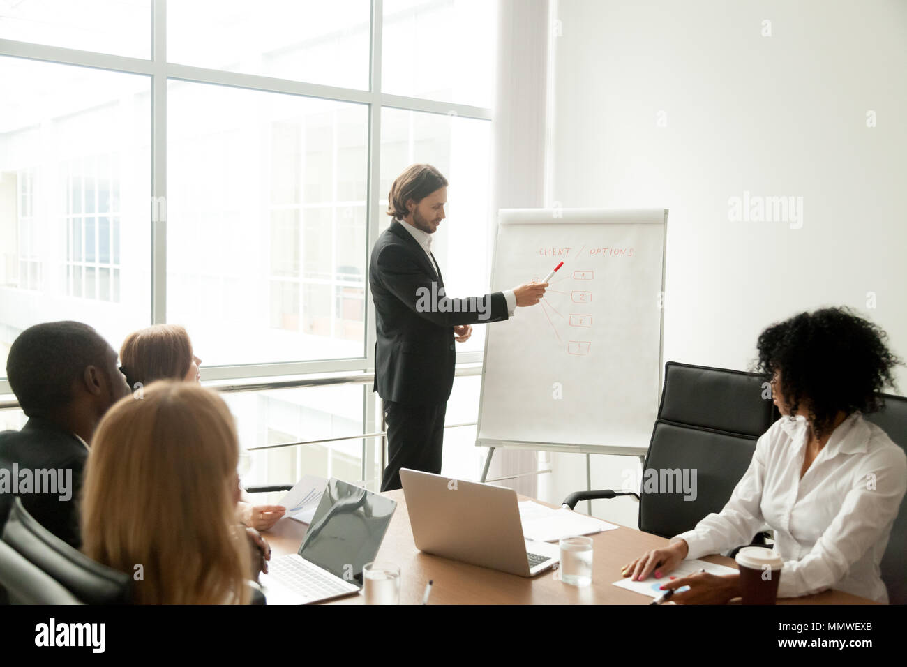 Confident businessman or business coach giving presentation to m Stock ...