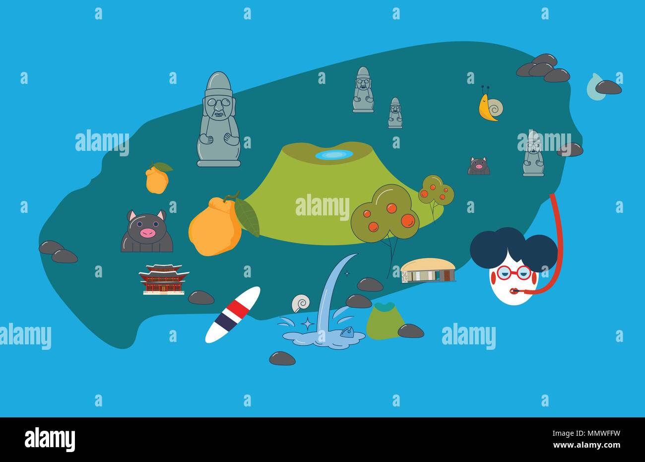 Vector illustration to promote Jeju Island: Jeju-do cartoon styled map with  attractions and symbols: Hallasan, Dol Hareubang or harubang, known as  Stone grandfather, Haenyeo or Jeju female diver, etc Stock Vector Image