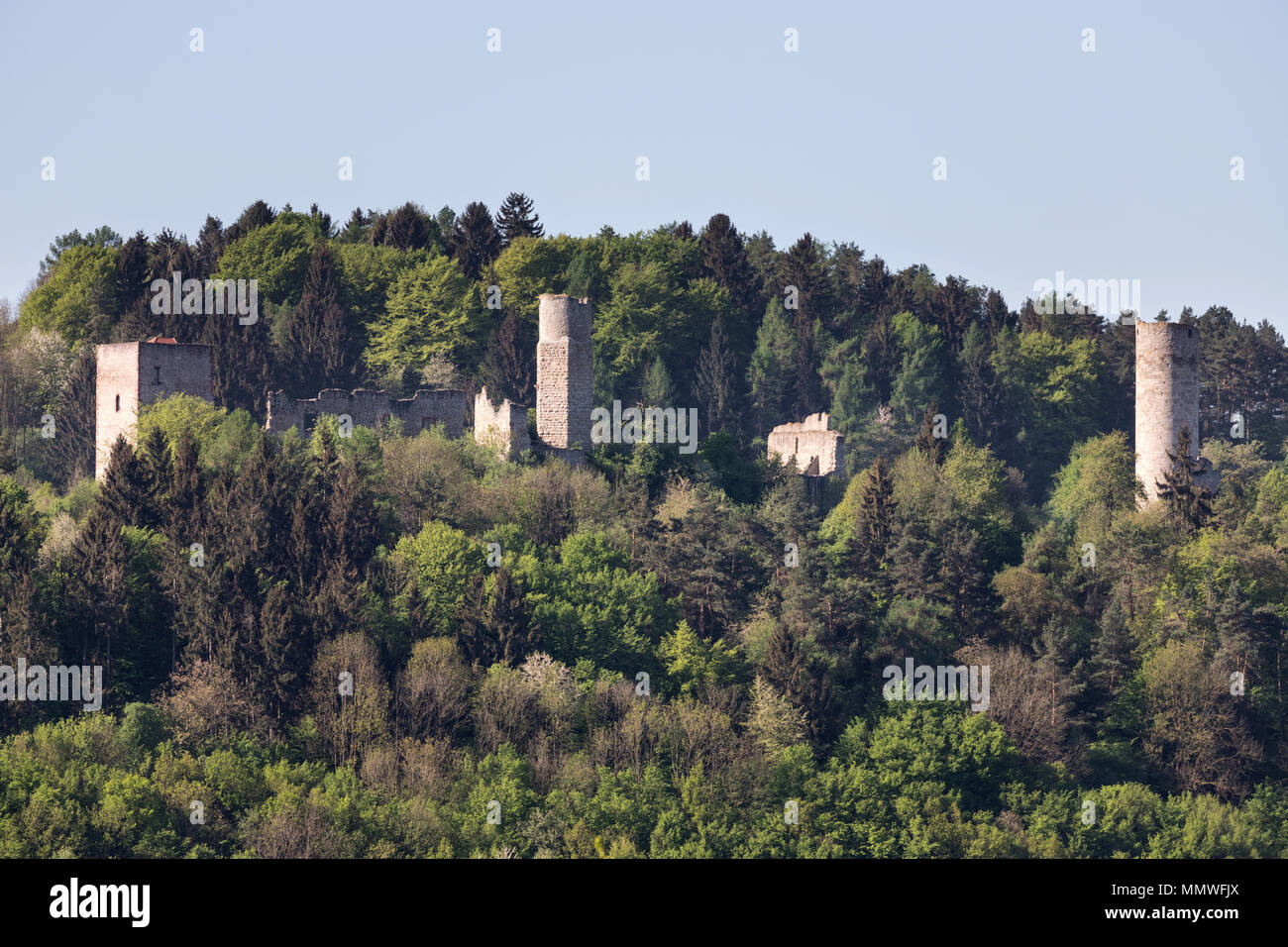 Ruins of the Brandenburg castle on the foothills at the beginning of the Thuringia Forest high over the Werra Valley River. Stock Photo