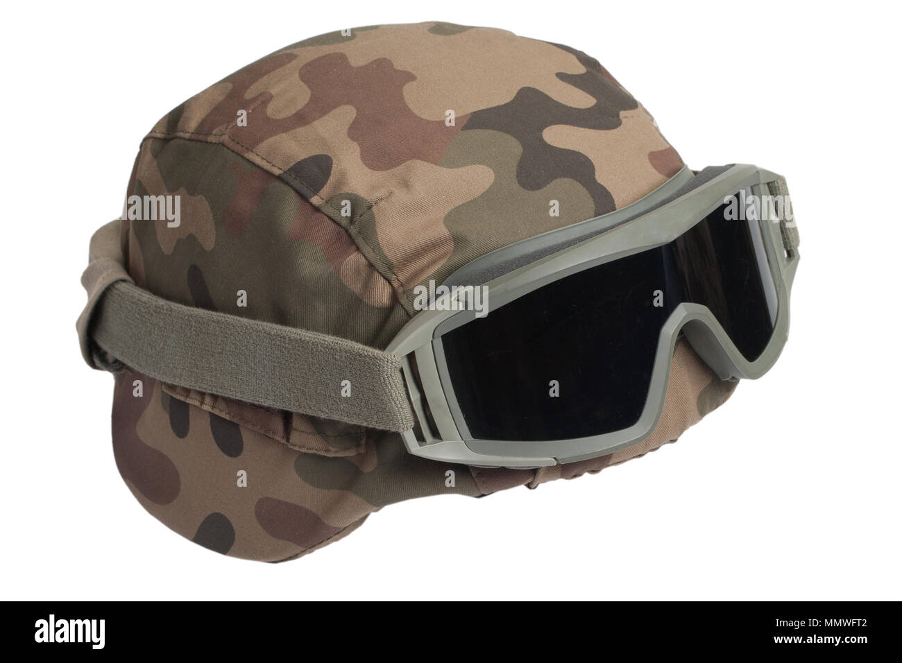 kevlar helmet with camouflage cover and protective goggles Stock Photo