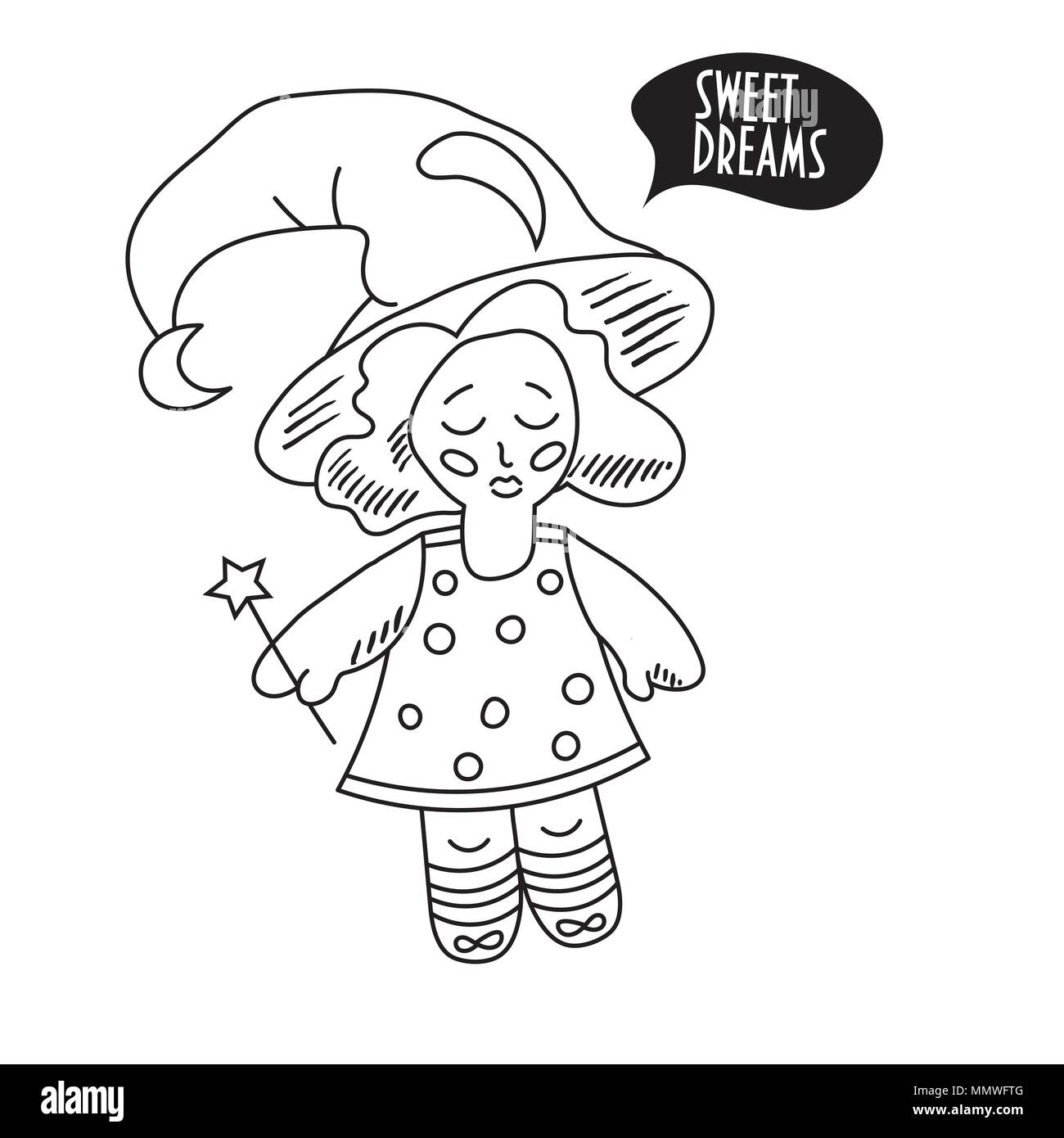 Vector illustration: childish doodle style fairy girl or pixie kid with a magic wand. Stock Vector
