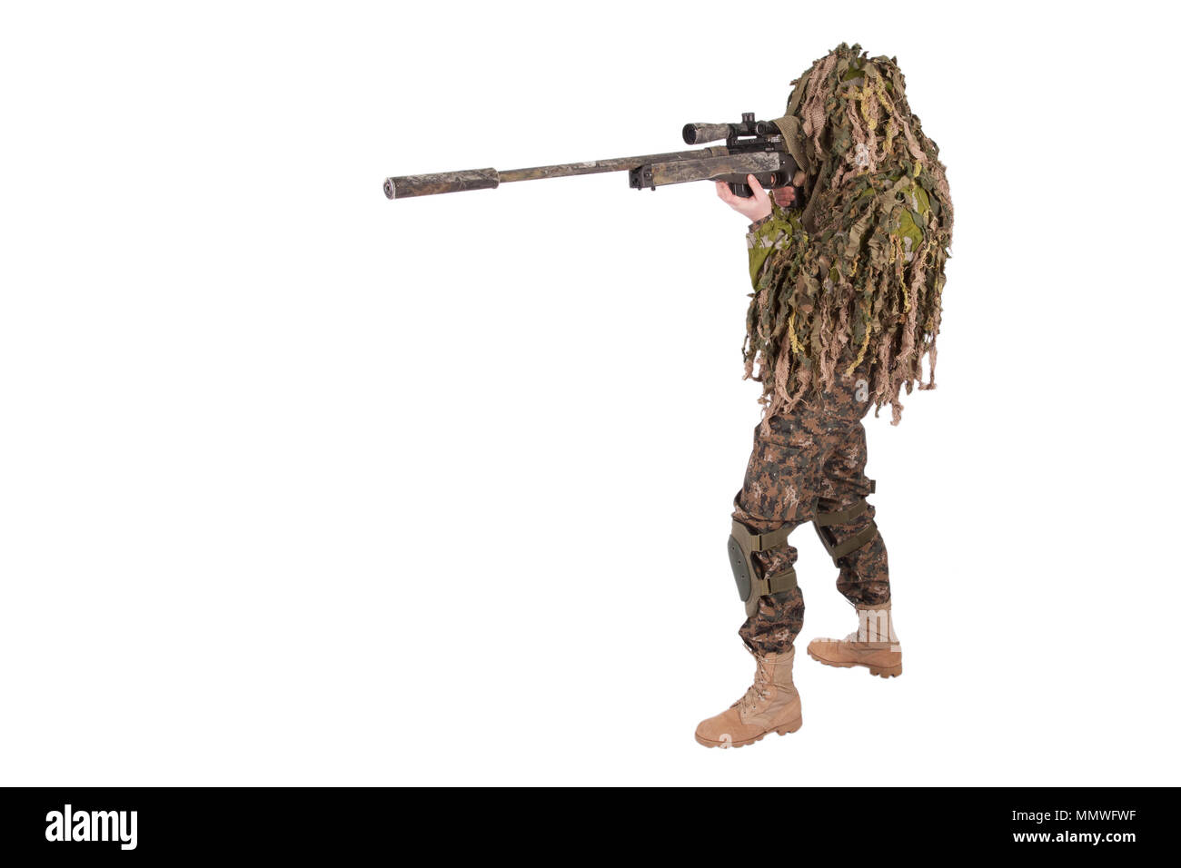 Camouflaged woman sniper in ghillie suit posing with rifle in foggy night.  Special Weapons and Woman Concept Stock Photo - Alamy