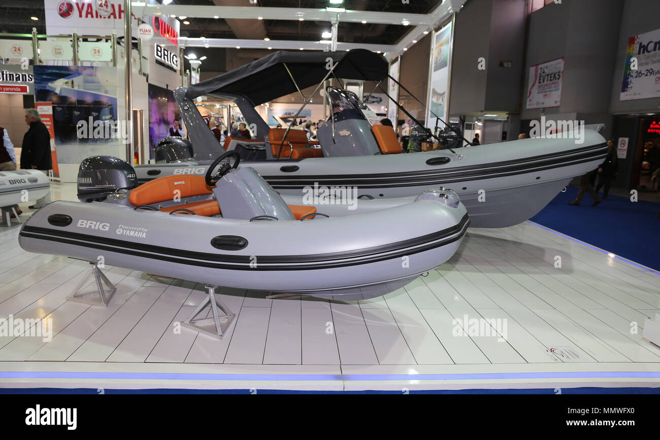 ISTANBUL, TURKEY FEBRUARY 10, 2018 Brig inflatable boats on display