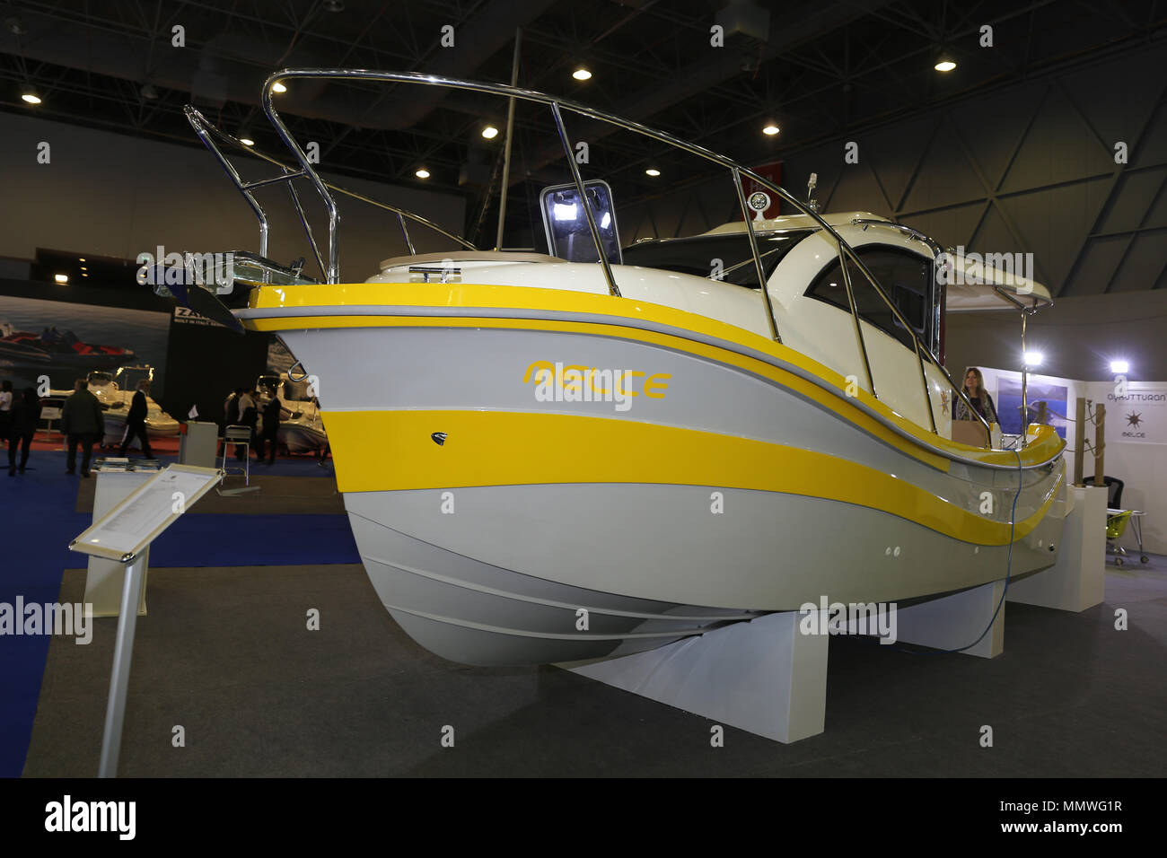 ISTANBUL, TURKEY FEBRUARY 10, 2018 Boat on display at CNR Eurasia