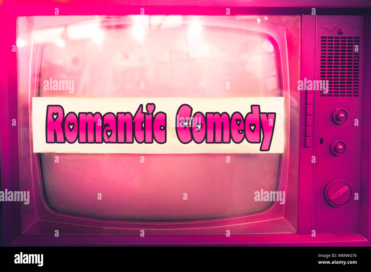 romantic comedy pink tv film genre purple television label old tv text vintage retro romance movie background Stock Photo