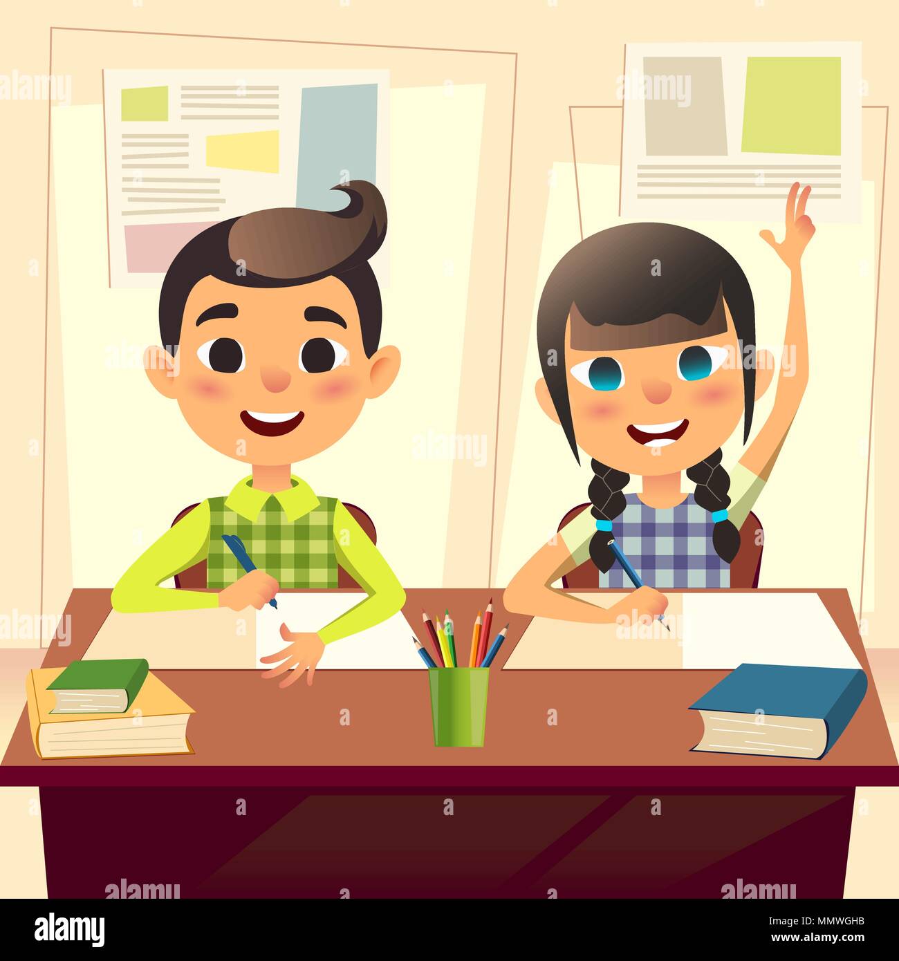 Happy children at school desk. Kids at school in class. The boy writes the assignment in the notebook. Girl two fingers up for answer. Cartoon flat students characters. Back to school concept Stock Vector