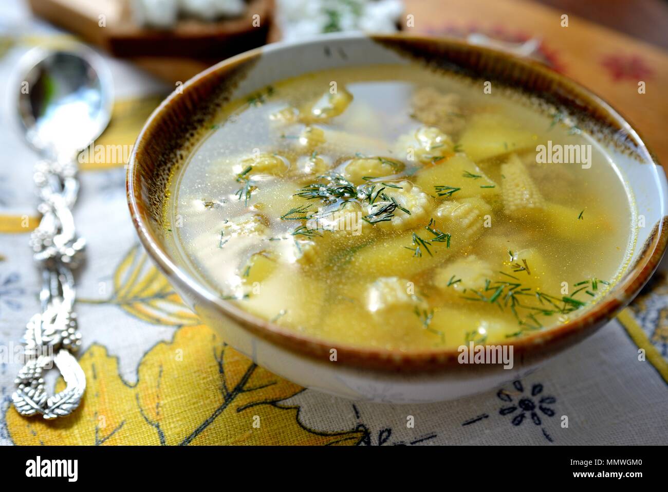 Bowl soup with corn and  other vegetables Stock Photo