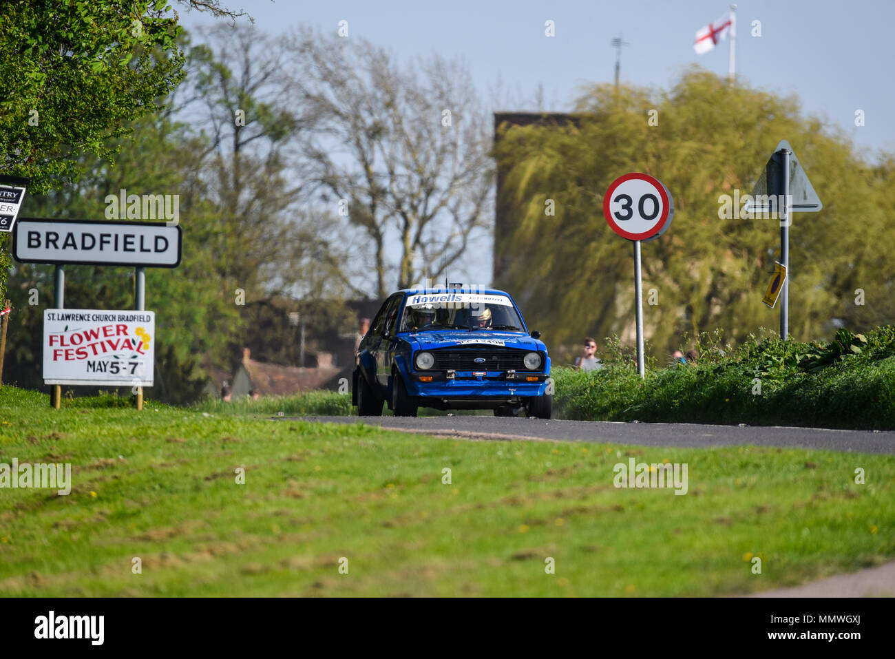Oliver Davies driver Keaton Williams co driver racing Ford Escort in the closed public road Corbeau Seats car Rally Tendring and Clacton, Essex, UK Stock Photo