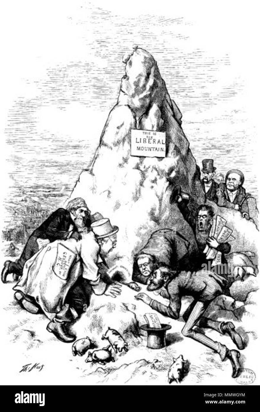 . English: Political cartoon showing 1872 Liberal Republicans gathered around a mountain witnessing the birth of its candidate, a mouse labeled 'H. G.' (Horace Greeley, the candidate for president) with a tail labeled 'Gratz Brown' (the vice-presidential candidate). The scene is apparently based on a quotation from Horace (Quintus Horatius Flaccus). Appeared in Harper's Weekly, May 18, 1872, p. 392  . 1872.   Thomas Nast  (1840–1902)     Alternative names Thos. Nast; Nast  Description German-American cartoonist and caricaturist  Date of birth/death 27 September 1840 7 December 1902  Location o Stock Photo