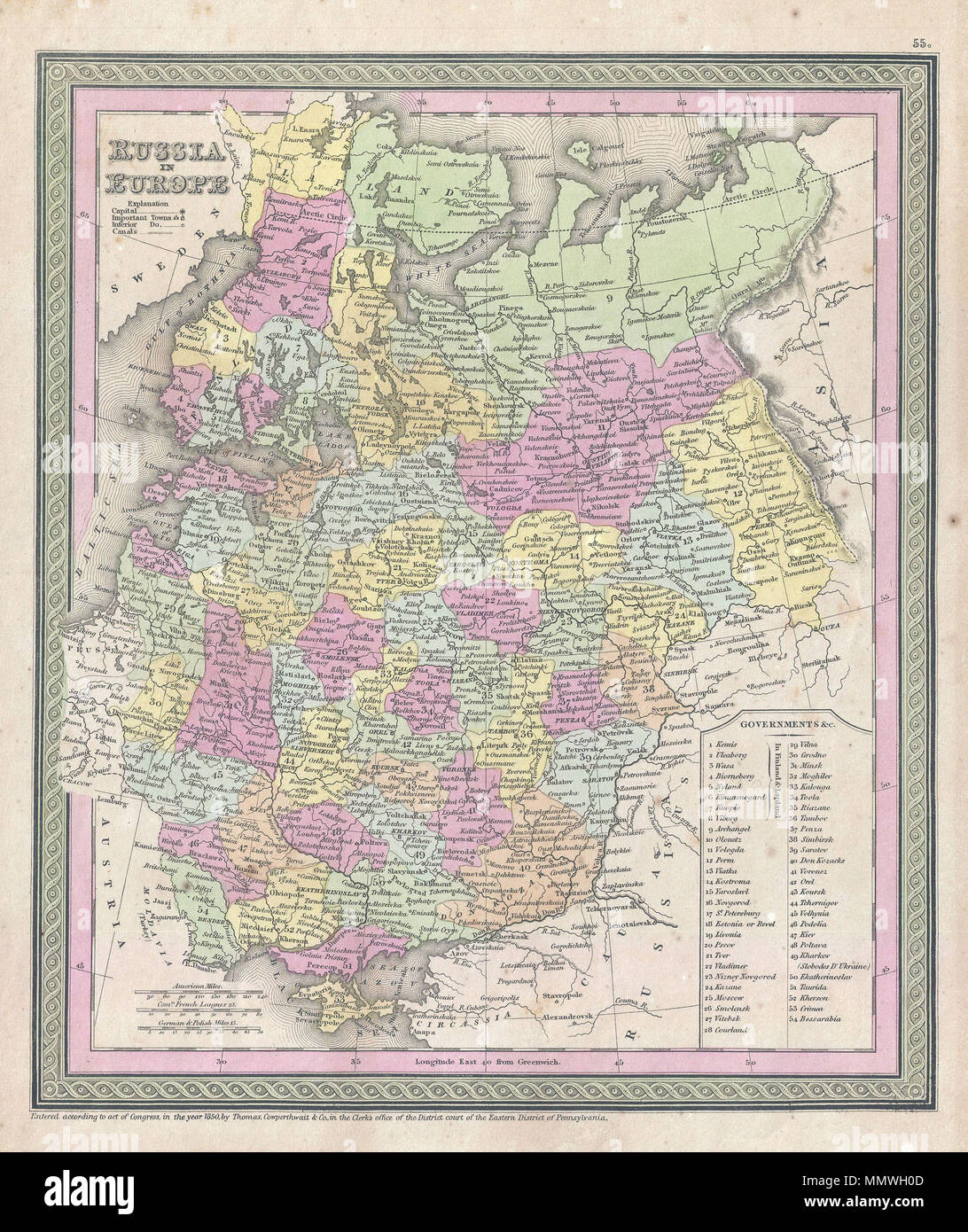 .  English: An attractive example of S. A. Mitchell Sr.’s 1853 map of the Russia in Europe. Includes the European portions of Russia as well as Finland, Ukraine, Latvia, Lithuania and Estonia. Depicts the entire country color coded according to individual regions. Surrounded by the green border common to Mitchell maps from the 1850s. Prepared by S. A. Mitchell for issued as plate no. 55 in the 1853 edition of his New Universal Atlas . Dated and copyrighted, “Entered according to act of Congress, in the year 1850, by Thomas Cowperthwait & Co., in the Clerks office of the District court of the E Stock Photo