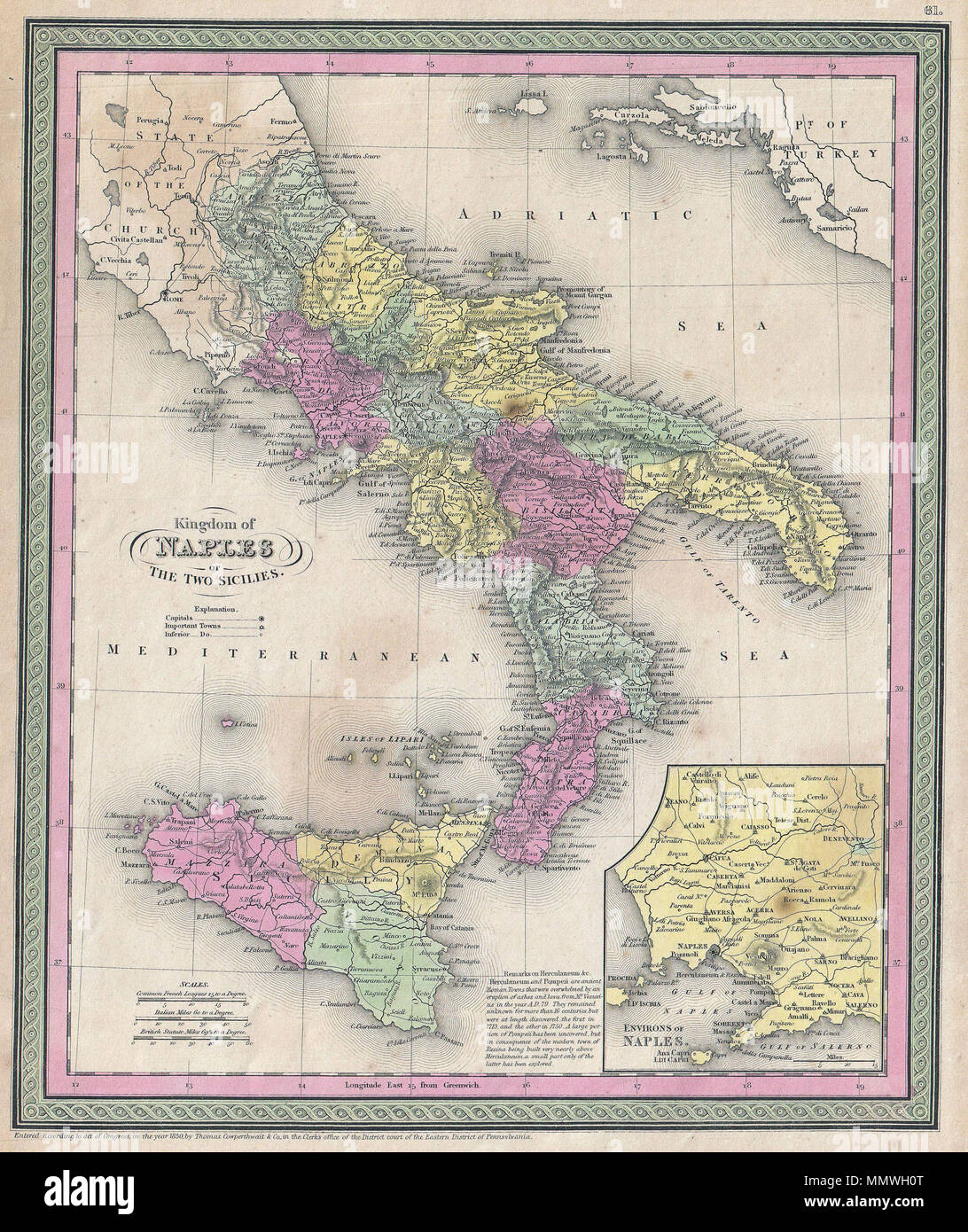 .  English: An extremely attractive example of S. A. Mitchell Sr.’s 1853 map of Southern Italy and Sicily. Covers from Rome south to include the boot of Italy and Sicily. Color coded according to region. An inset in the lower right hand quadrant details the vicinity of Naples. Surrounded by the green border common to Mitchell maps from the 1850s. Prepared by S. A. Mitchell for issued as plate no. 61 in the 1853 edition of his New Universal Atlas .  Kingdom of Naples or The Two Sicilies.. 1850 (undated). 1853 Mitchell Map of Southern Italy ( Naples, Sicily ) - Geographicus - ItalySouth-mitchell Stock Photo