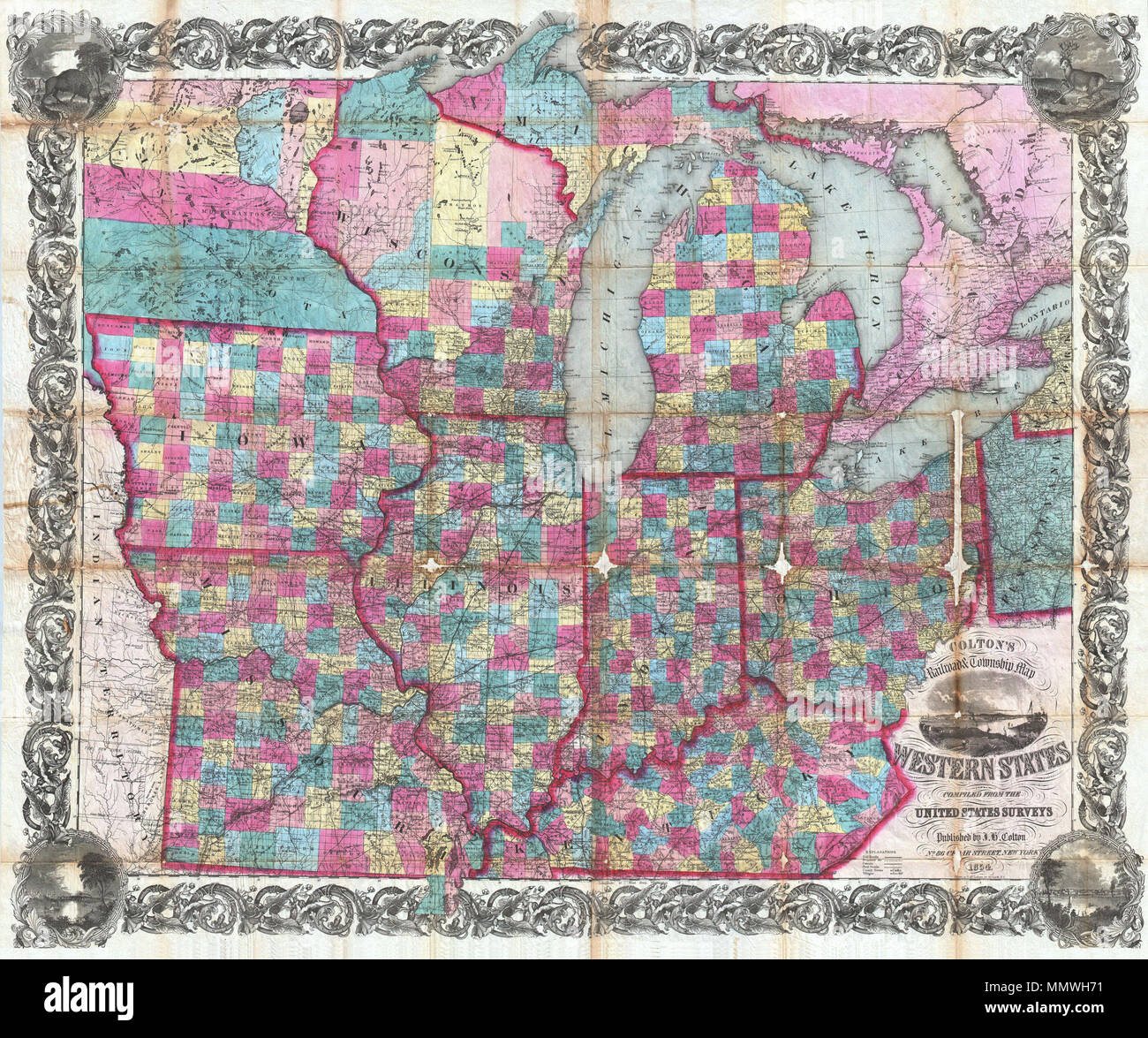 .  English: An extremely attractive example of Colton’s 1854 pocket map format railroad and township map of the Western States. Covers the states of Ohio, Kentucky, Illinois, Indiana, Missouri Iowa Michigan and Wisconsin with parts of Minnesota and Pennsylvania. Offers extraordinary detail with color coding to the county level. The eastern and southern parts of the map are well developed, but the northern and western territories, particularly northern Michigan, the Indian Territory, and Minnesota remain largely undeveloped. Notates railroads, towns, rivers, canals, geographical features and ro Stock Photo