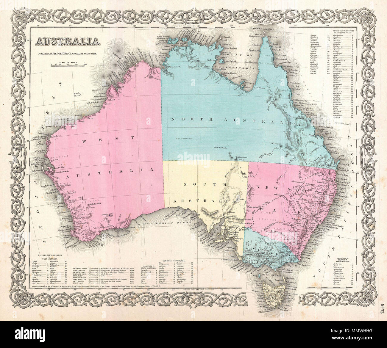 English: A beautiful 1855 first edition example of Colton's map of Australia.  Covers the entire continent including Tasmania or Van Diemen's Land.  Colton's mappings of Australia, updated annually through the 1860s,