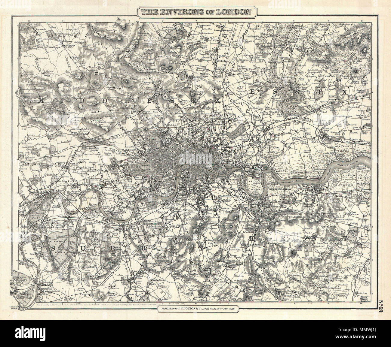 .  English: An excellent example of Colton’s c. 1855 map of London and environs. Includes parts of Surrey, Kent, Middlesex and Essex. Extends north to Southgate, east to Chadwell Heath, south to Kingston, Mitcham and Bromley, and west to Harrow and Isleworth - on a scale of 5/8 of an inch to the mile. The whole is beautifully detailed to the level of individual buildings, trees, canals and roads. Includes topographical details as well as farms, parks, riverways, and swamps. This is most likely the one of the first maps of London to appear in an American atlas. Copyrighted 1855, but most likely Stock Photo