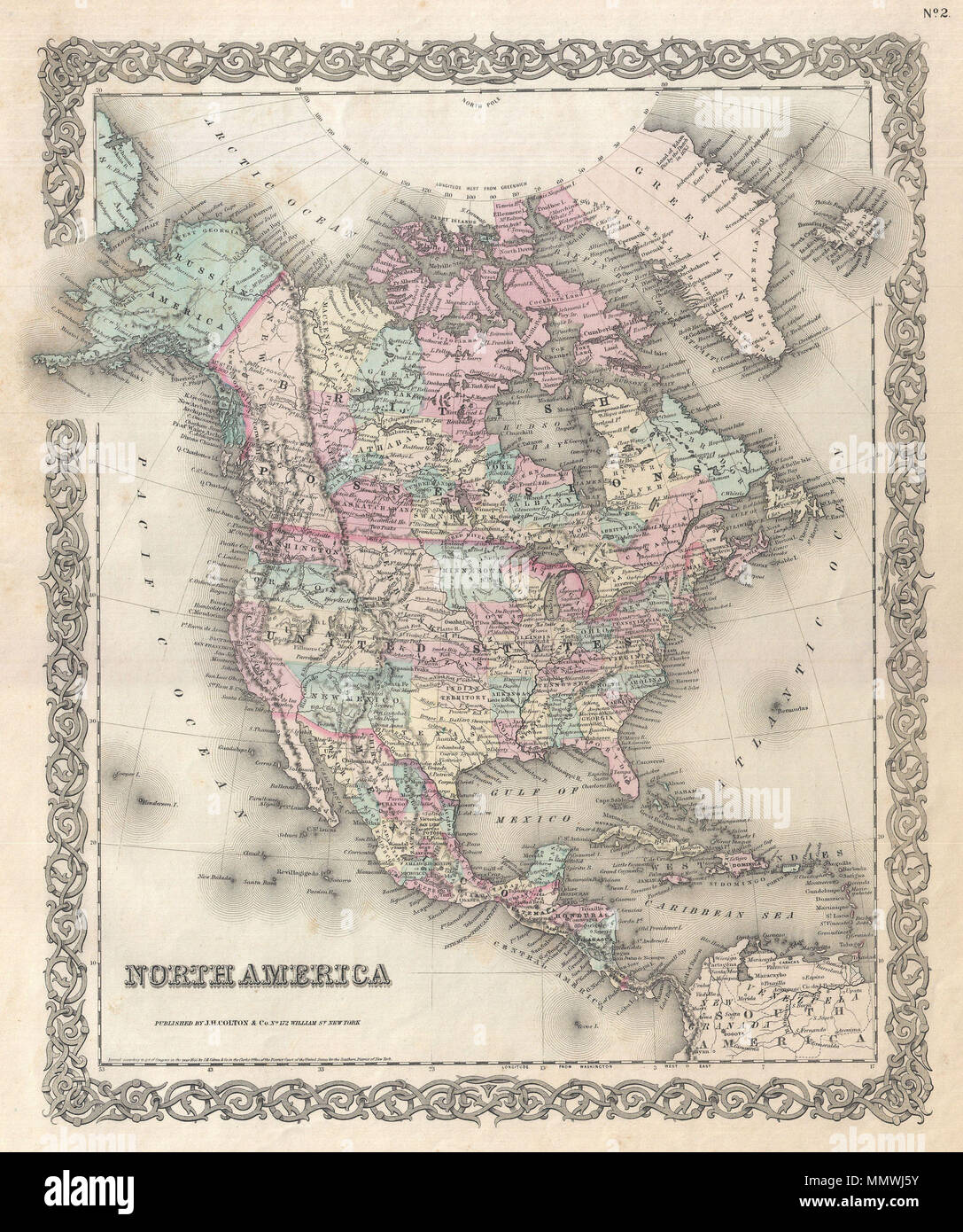 .  English: An excellent first edition example of Colton's rare map of North America. Covers the continent from South America to the Arctic, inclusive of the United States, Canada, Mexico, Central America and the West Indies. The United States portion of this map contains a early territorial configuration of the Transmississippi. Nebraska is shown at its fullest, extending from Kansas to the Canadian border. Montana, Wyoming, Idaho, Arizona, Colorado, West Virginia, and Nevada do not yet appear on the map. Notes Russian claims to Alaska. Identifies Pikes Peak, Fremont's Peak, Mt. Rainier, Mt.  Stock Photo
