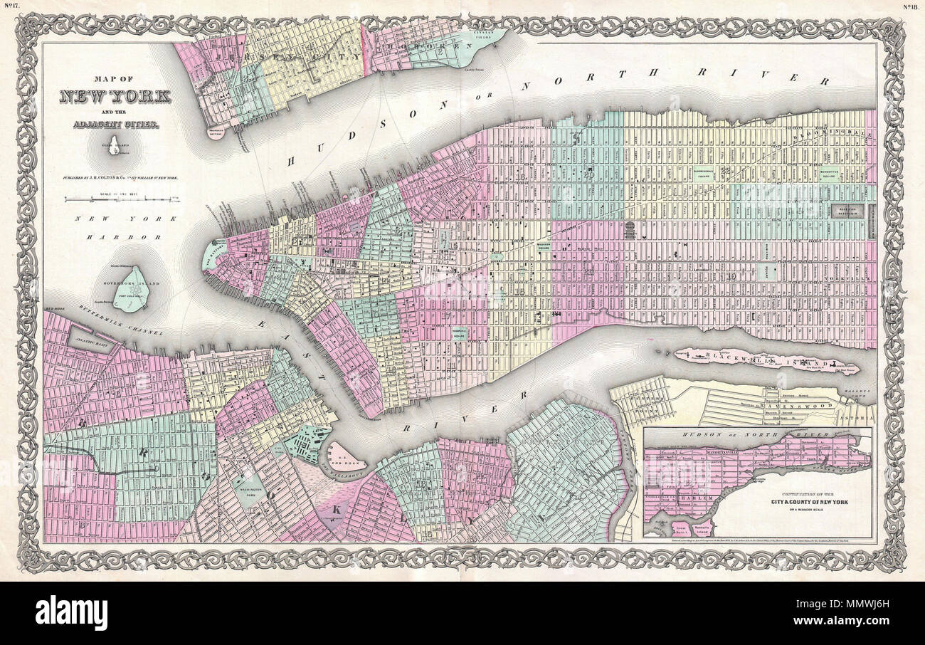 .  English: A rare and beautiful example of J. H. Colton's map of New York City and vicinity, including Manhattan as well as parts of Brooklyn, Jersey City, Hoboken, and Queens. This is the first edition, first state, of the Colton New York City atlas map in which Olmstead’s Central Park is completely absent. This important map would become the template from which Johnson and late later S. A. Mitchell Jr. would build their own New York City maps. Beautiful hand color according to city ward. Wonderful attention to detail includes individual streets and even important buildings and parks. Origin Stock Photo