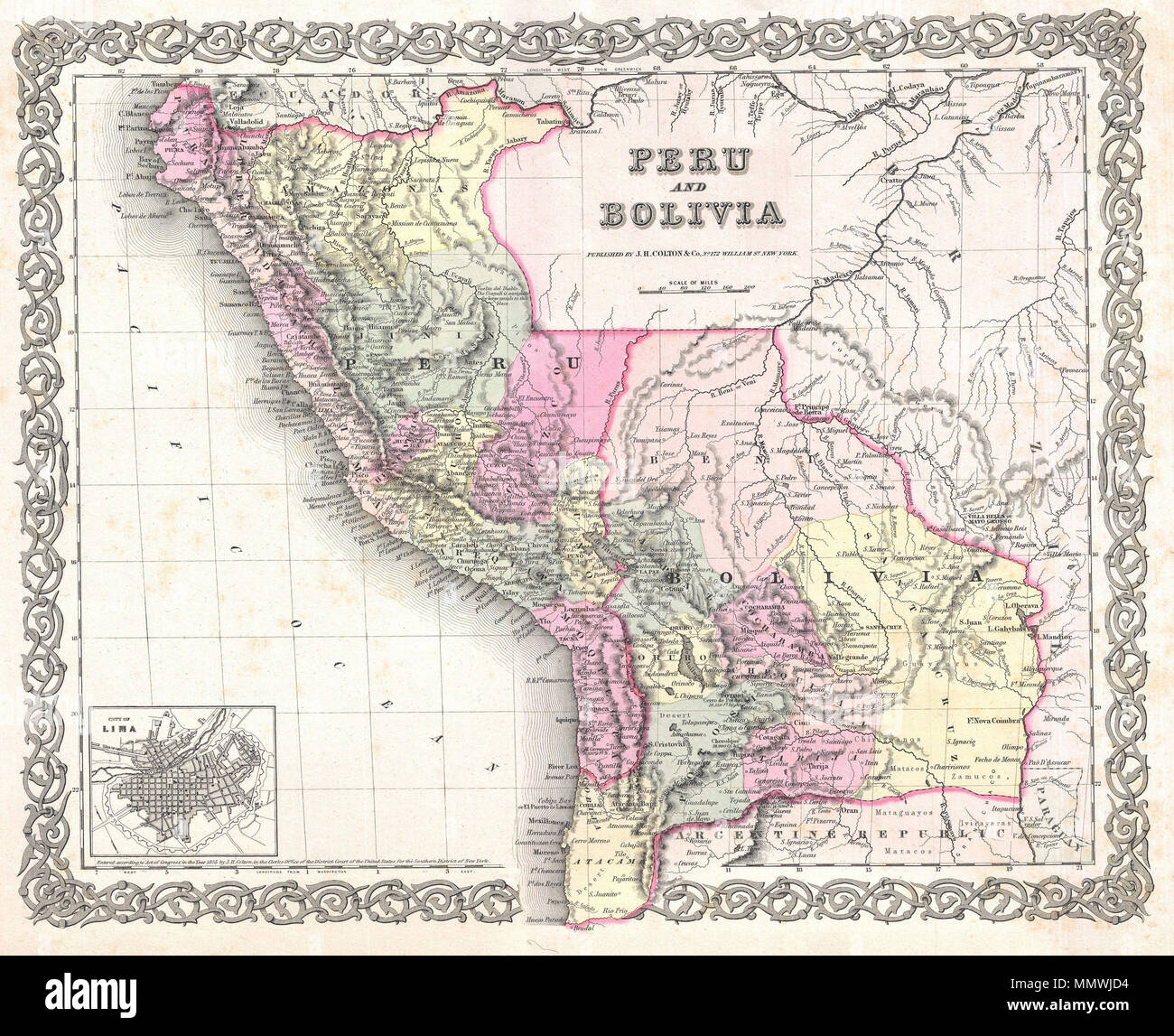 .  English: An excellent first edition example of Colton's rare 1855 map Peru and Bolivia. Covers from Ecuador to the Argentine Republic and from the Pacific to Brazil. Shows Bolivia's claims to the Atacama desert and Peru's claims to Moquegua - both of which are today part of Chile. An inset detail map of Lima, Peru, appears in the lower left quadrant. Throughout the map Colton identifies various cities, towns, forts, rivers, rapids, fords, and an assortment of additional topographical details. Map is hand colored in pink, green, yellow and blue pastels to define national and regional boundar Stock Photo