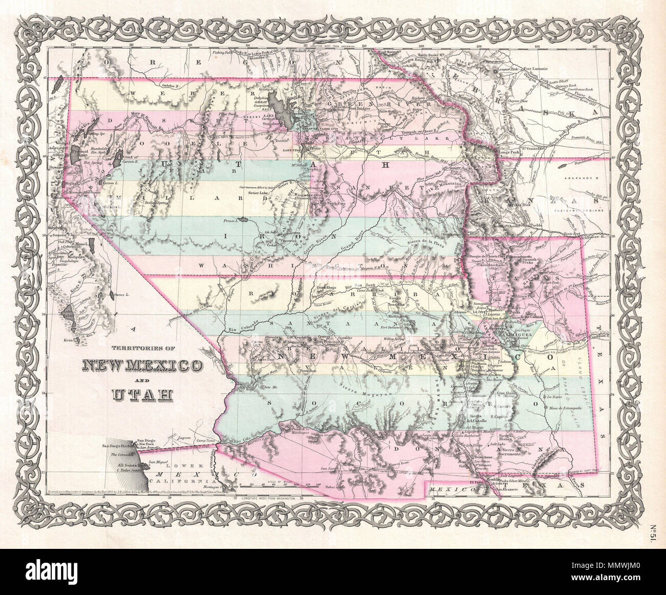 .  English: An iconic map of the American west and one of the rarest and most desirable of all Colton atlas maps. This is an extraordinary example of the first edition first state of Colton's 1855 map of the territories of New Mexico and Utah. This is one of the rarest and most desirable of all Colton atlas maps. Based on earlier wall map produced by Colton and D. Griffing Johnson, this map details the regions between the California and Texas and between Oregon and Mexico. Covers territorial New Mexico and Utah including the modern day states of Nevada, Colorado, and Arizona. Colton identifies Stock Photo