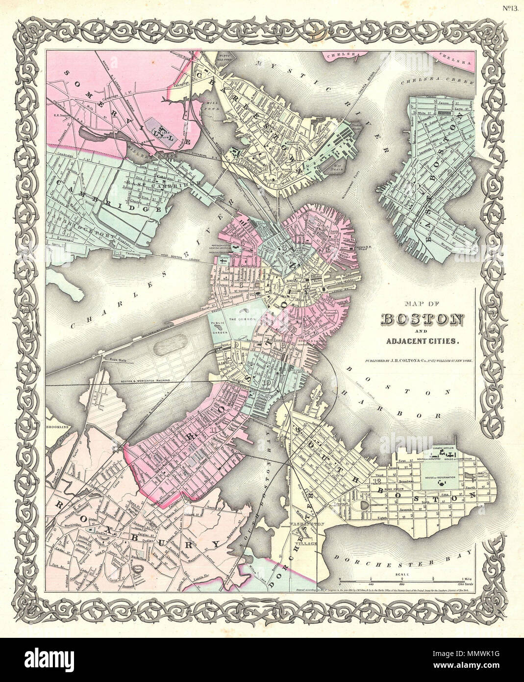 .  English: An excellent 1855 first edition example of Colton's rare map of Boston, Massachusetts. Includes the surrounding communities of Cambridge, Summerville, Charleston, East Boston, South Boston and Roxbury. Hand colored in pink, green, yellow and blue pastels with considerable detail at level of individual streets and buildings. Surrounded by Colton's typical spiral motif border. This is an exceptionally interesting and important map of Boston issued just prior to the Back Bay land reclamation projection. The street and avenue grid is ghosted-in in anticipation of this enormous urban de Stock Photo