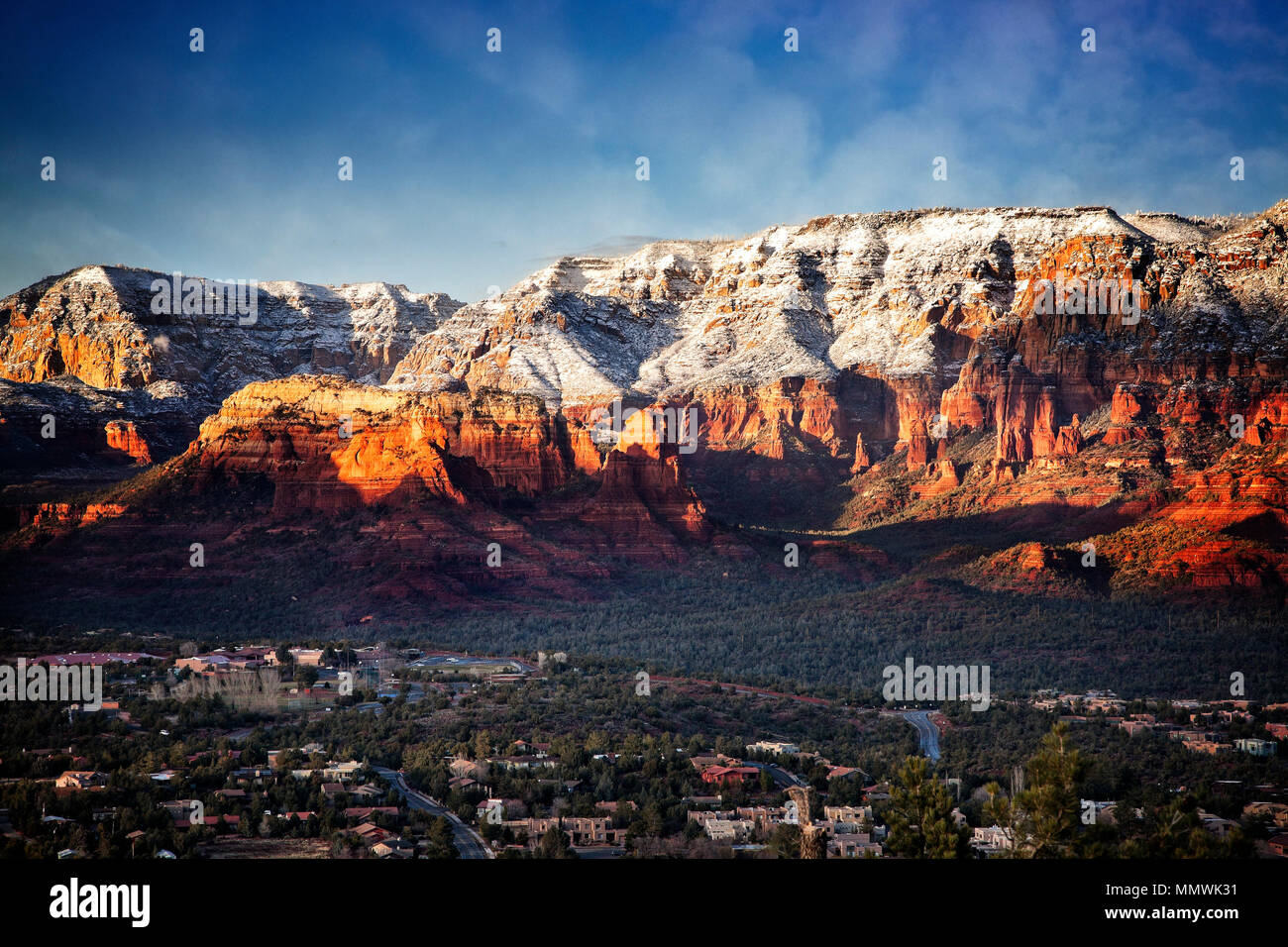 The red rocks tower above West Sedona at sunset, Arizona Stock Photo