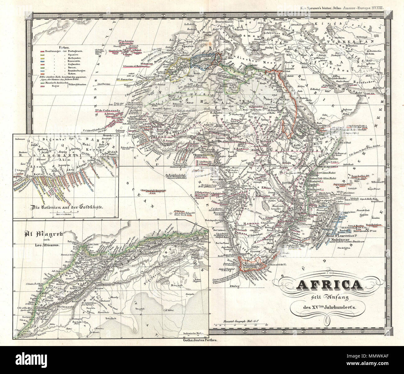 .  English: This is Karl von Spruner’s 1855 map of Africa “since the beginning of the 15th century.” Two insets include, at left, “The Colonies of the Gold Coast,” and below that, Al Magreb (northwest Africa) “after Leo Africanus,” the Moorish diplomat and author best known for his book Descrittione dell’Africa (“Description of Africa”) describing the geography of North Africa. Relief is shown by hachures, and historical dates appear throughout. This would make a nice companion piece to Plates 11& 12, showing Africa up to the Arab conquests in the 7th century, and again from the 8th century un Stock Photo